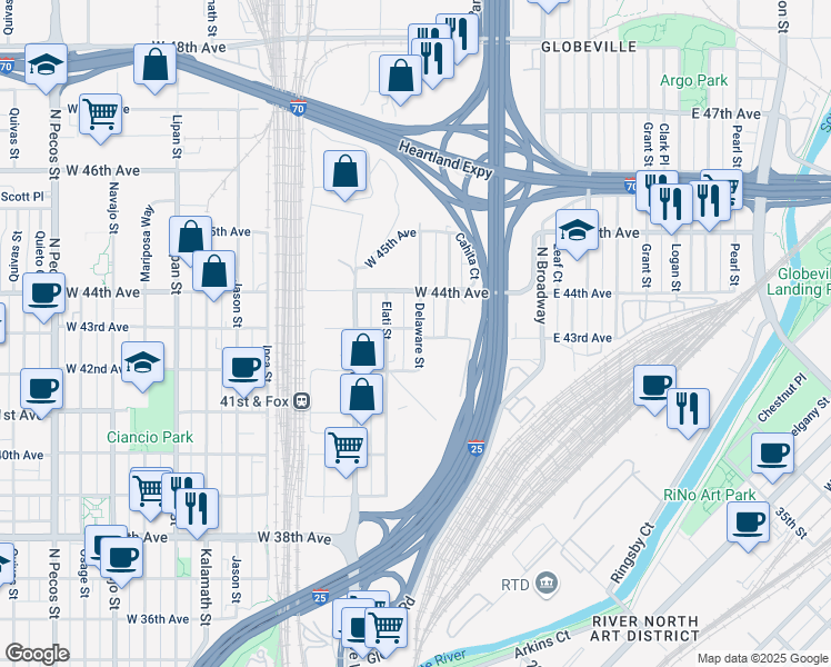 map of restaurants, bars, coffee shops, grocery stores, and more near 402 West 43rd Avenue in Denver