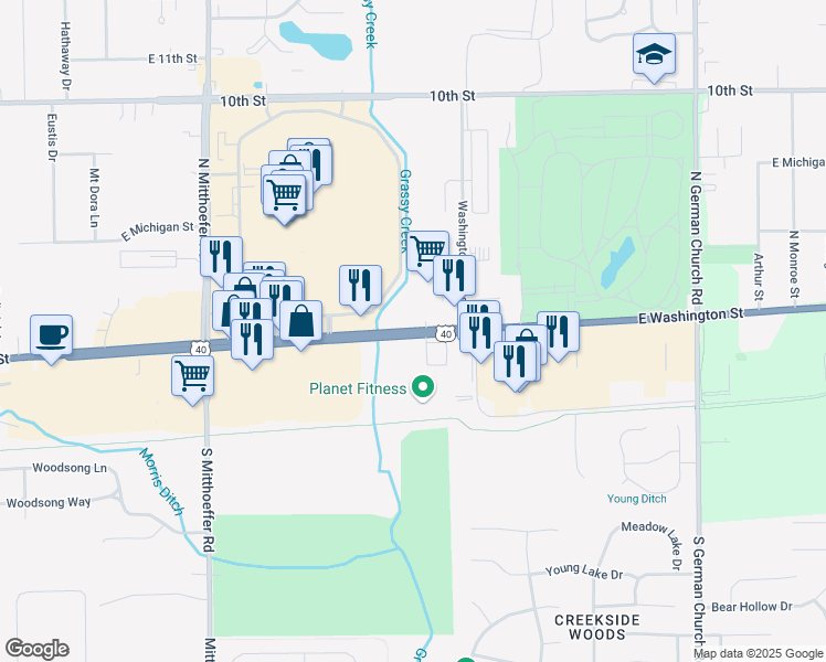 map of restaurants, bars, coffee shops, grocery stores, and more near 10450 East Washington Street in Indianapolis