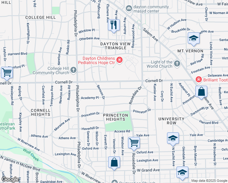 map of restaurants, bars, coffee shops, grocery stores, and more near 1524 Earlham Drive in Dayton