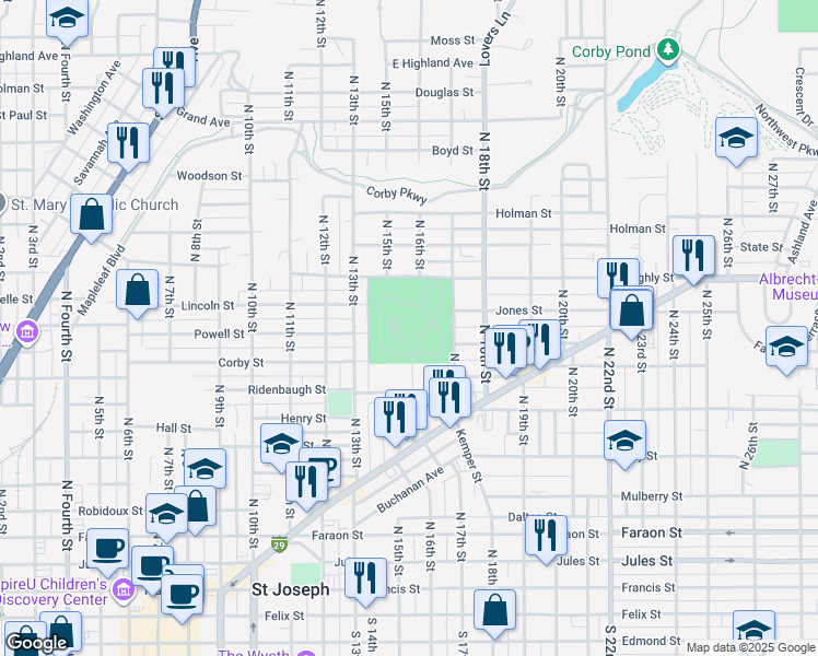 map of restaurants, bars, coffee shops, grocery stores, and more near 824 Mount Mora Road in Saint Joseph