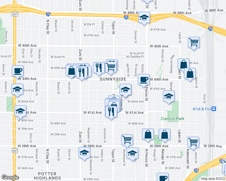 map of restaurants, bars, coffee shops, grocery stores, and more near W 43rd Ave & Tejon St in Denver