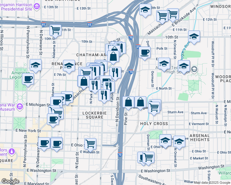 map of restaurants, bars, coffee shops, grocery stores, and more near 740 East North Street in Indianapolis