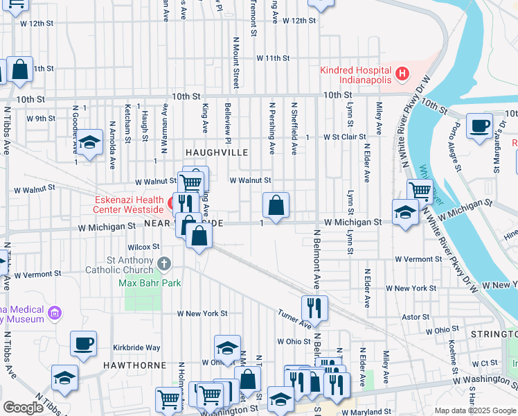 map of restaurants, bars, coffee shops, grocery stores, and more near 519 North Tremont Street in Indianapolis