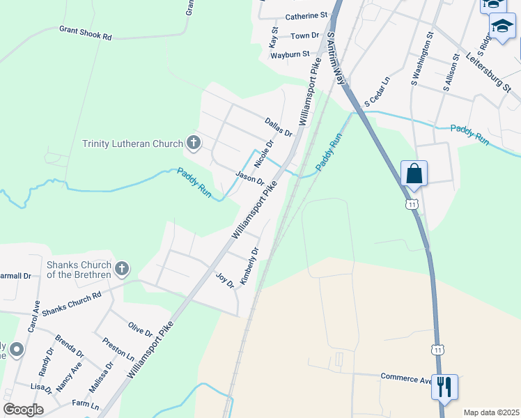 map of restaurants, bars, coffee shops, grocery stores, and more near 11610 Williamsport Pike in Greencastle
