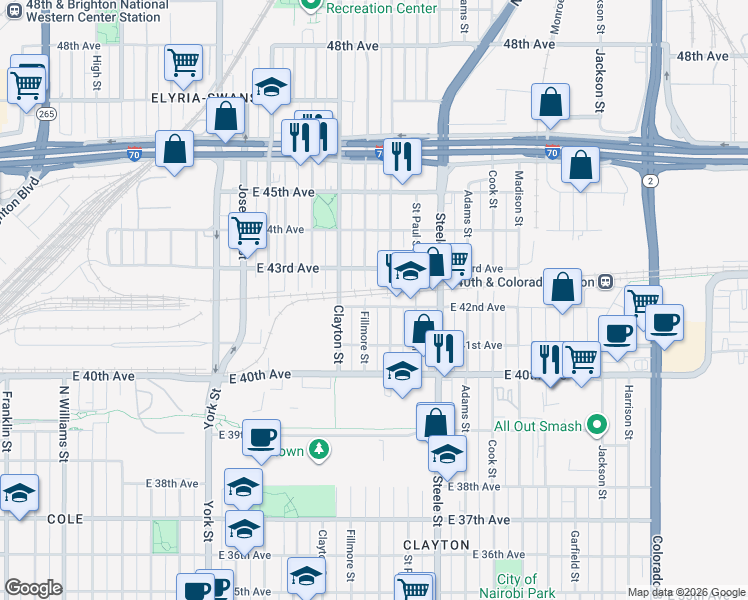 map of restaurants, bars, coffee shops, grocery stores, and more near 4220 Milwaukee Street in Denver