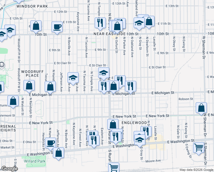 map of restaurants, bars, coffee shops, grocery stores, and more near 530 North Rural Street in Indianapolis