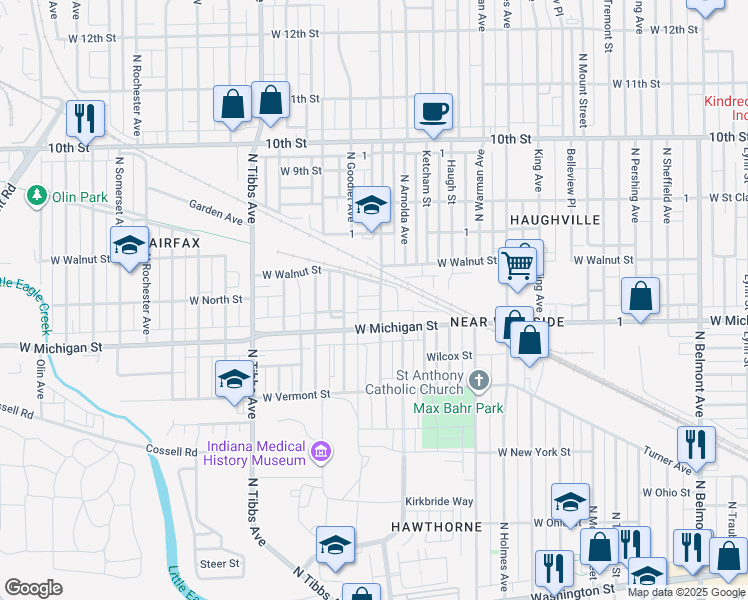 map of restaurants, bars, coffee shops, grocery stores, and more near 532 North Concord Street in Indianapolis