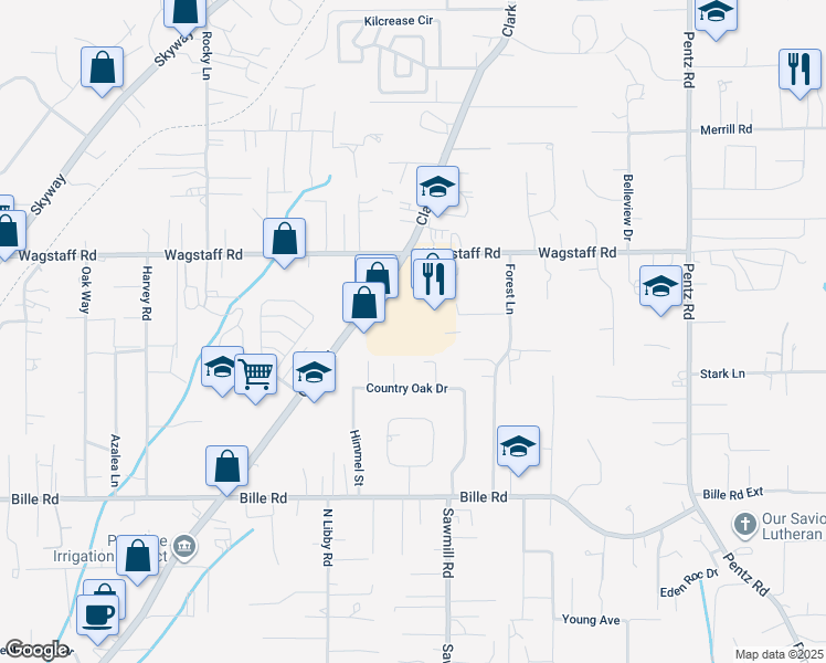 map of restaurants, bars, coffee shops, grocery stores, and more near 6600 Clark Road in Paradise