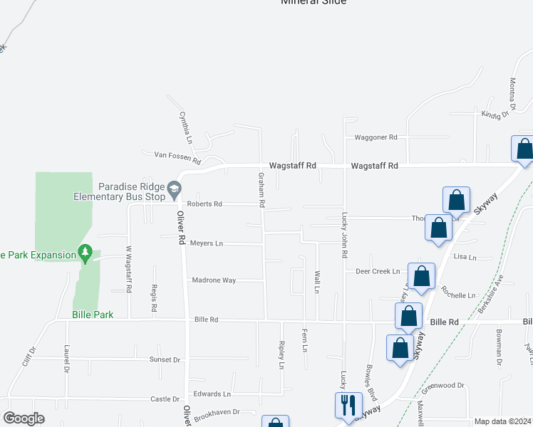 map of restaurants, bars, coffee shops, grocery stores, and more near 6340 Graham Road in Paradise