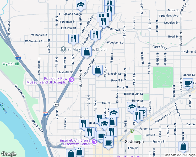 map of restaurants, bars, coffee shops, grocery stores, and more near 1203 North 6th Street in Saint Joseph