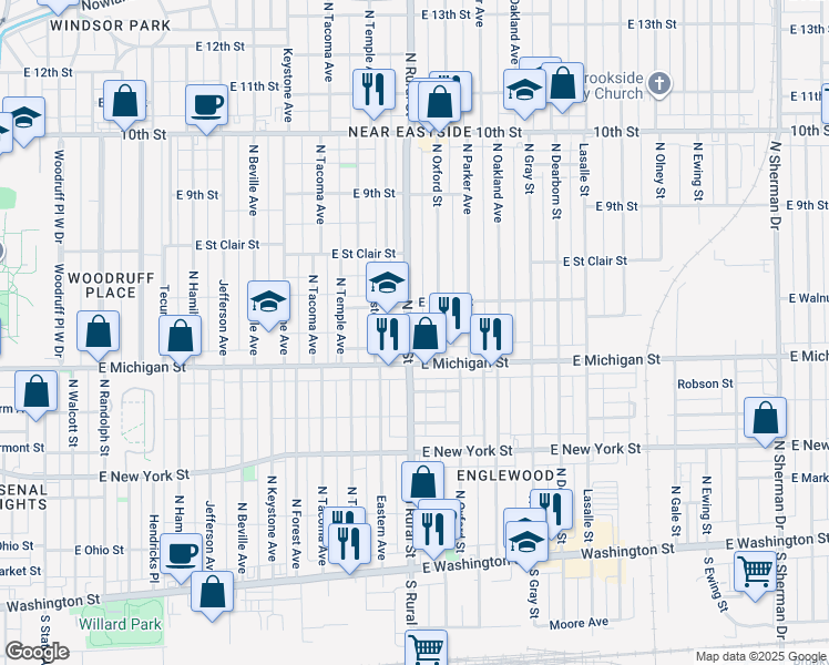 map of restaurants, bars, coffee shops, grocery stores, and more near 535 North Rural Street in Indianapolis