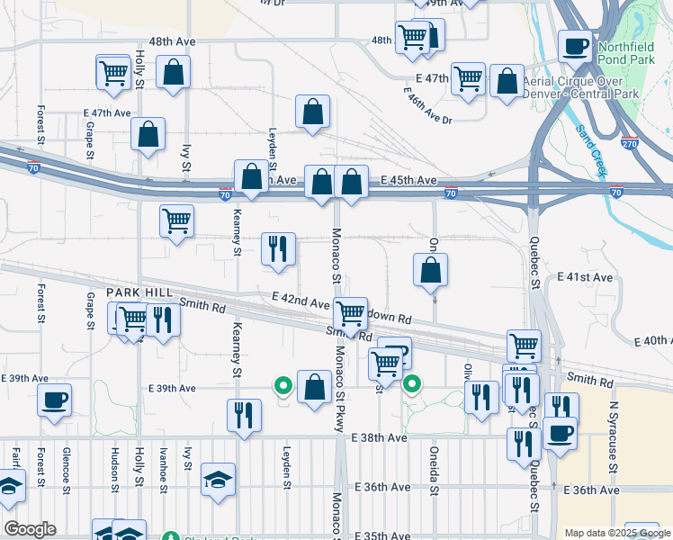map of restaurants, bars, coffee shops, grocery stores, and more near 4101 North Monaco Parkway in Denver