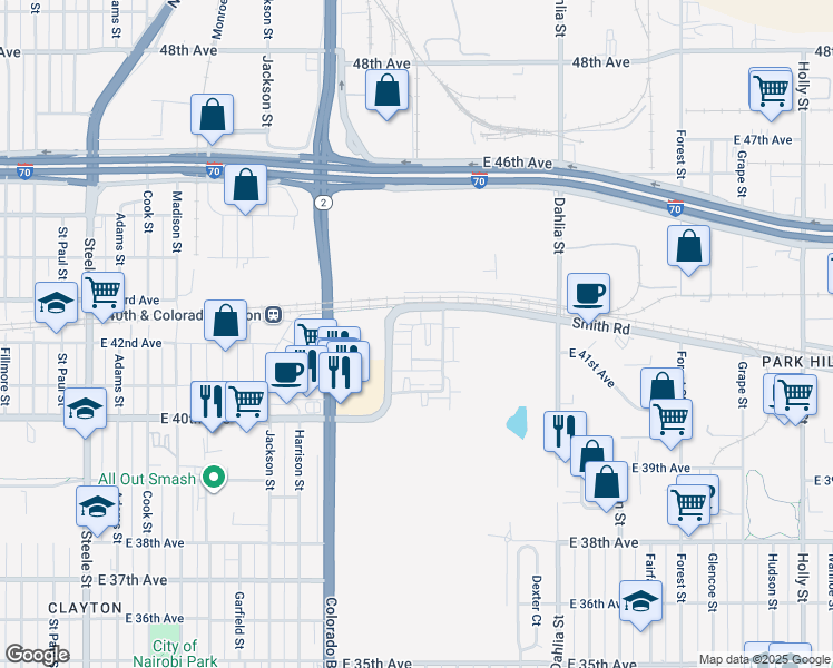 map of restaurants, bars, coffee shops, grocery stores, and more near 6 Ironwood Drive in Denver