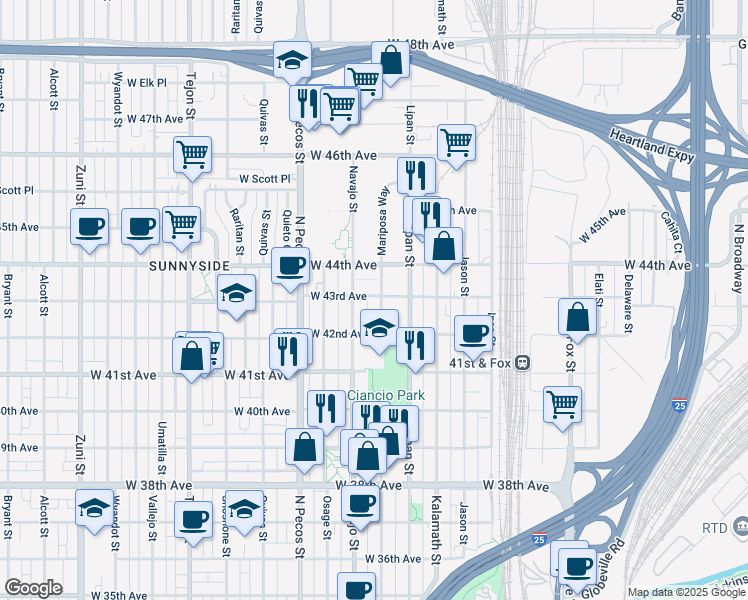 map of restaurants, bars, coffee shops, grocery stores, and more near 4240 Mariposa Street in Denver