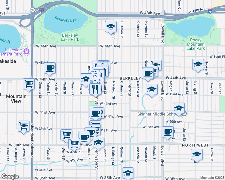 map of restaurants, bars, coffee shops, grocery stores, and more near 4309 Raleigh Street in Denver