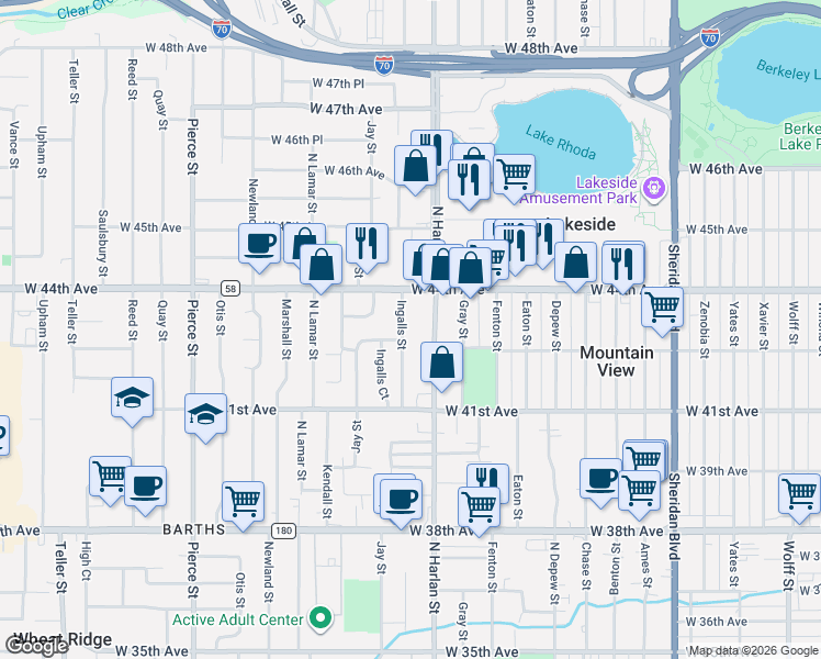 map of restaurants, bars, coffee shops, grocery stores, and more near 4331 North Harlan Street in Wheat Ridge