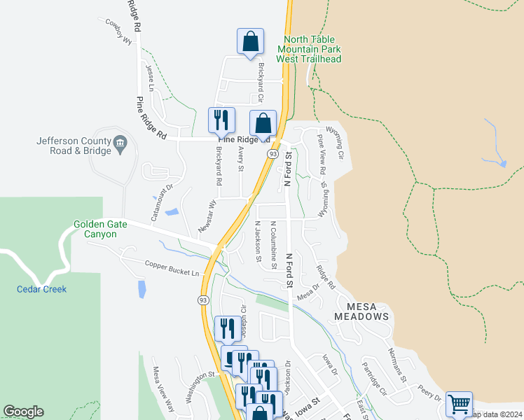 map of restaurants, bars, coffee shops, grocery stores, and more near 625 Virginia Street in Golden