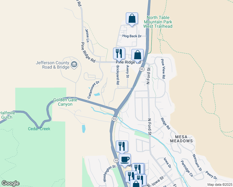 map of restaurants, bars, coffee shops, grocery stores, and more near 20001 Golden Gate Canyon Road in Golden