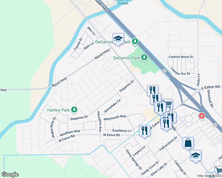 map of restaurants, bars, coffee shops, grocery stores, and more near 309 Antelope Creek Avenue in Chico
