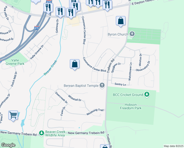 map of restaurants, bars, coffee shops, grocery stores, and more near 1612 Valley Oak Lane in Fairborn