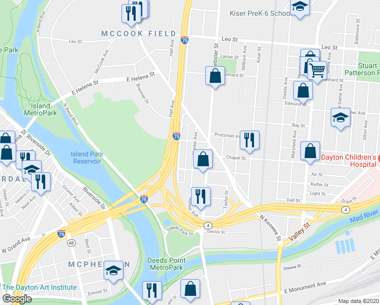 map of restaurants, bars, coffee shops, grocery stores, and more near 451 Hunter Avenue in Dayton