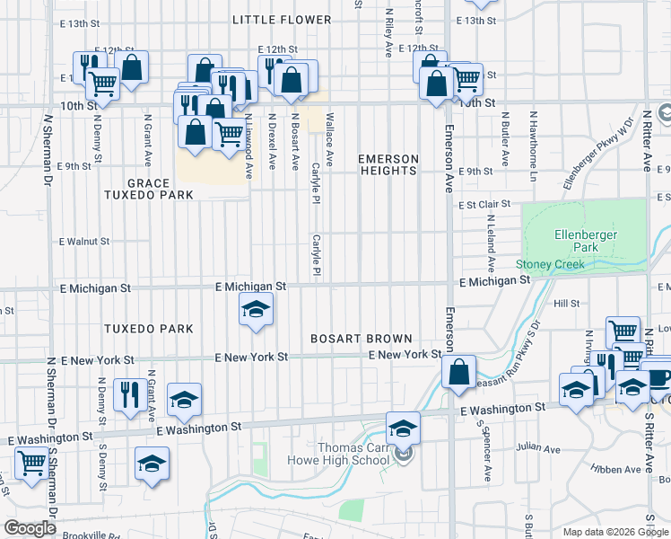 map of restaurants, bars, coffee shops, grocery stores, and more near 524 Dequincy Street in Indianapolis
