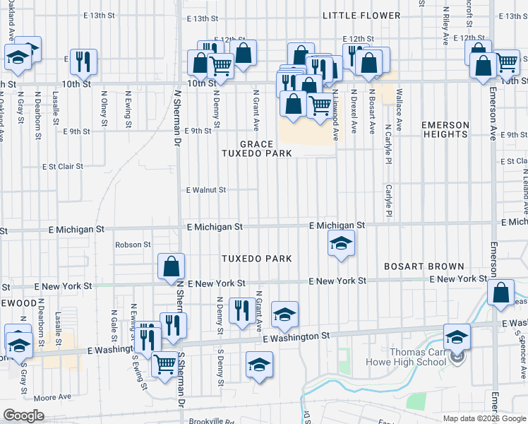 map of restaurants, bars, coffee shops, grocery stores, and more near 521 North Grant Avenue in Indianapolis