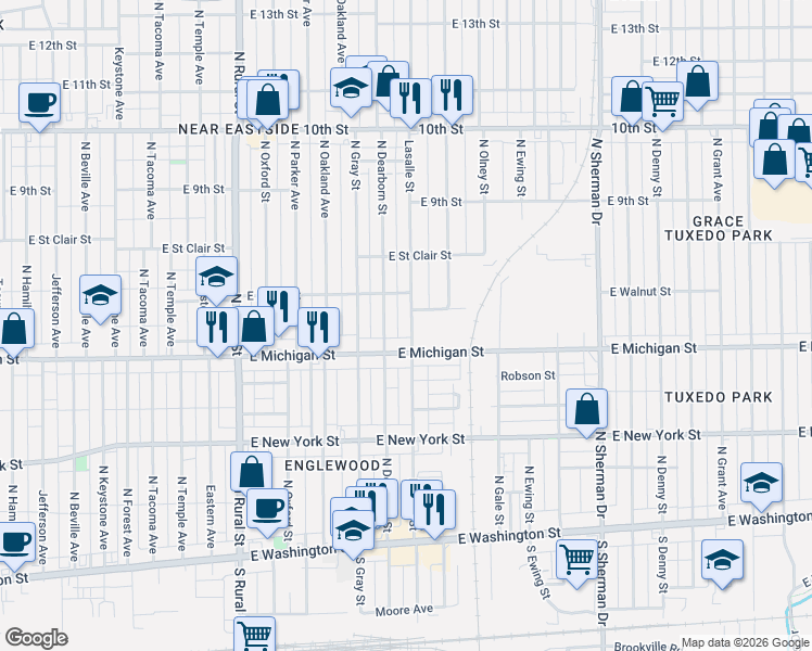 map of restaurants, bars, coffee shops, grocery stores, and more near 533 North Dearborn Street in Indianapolis