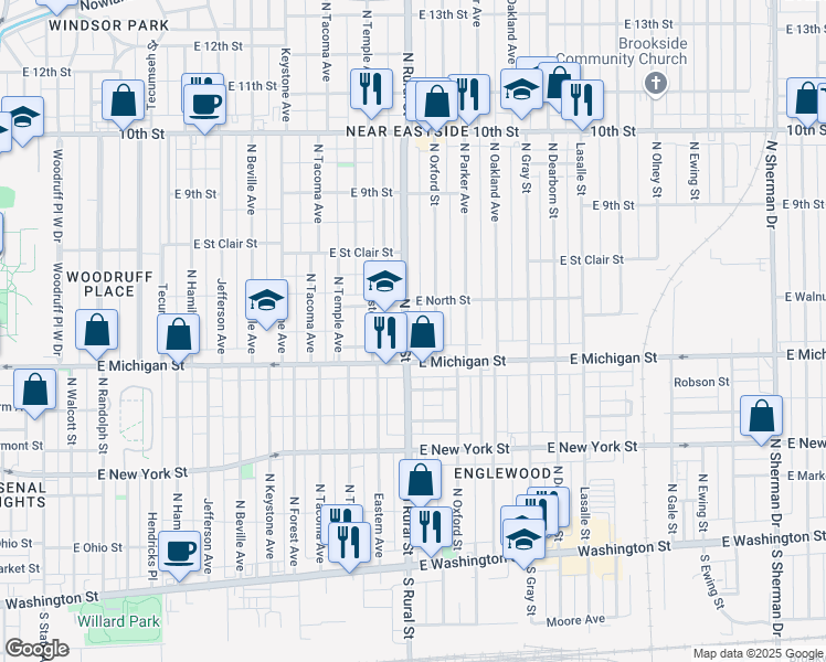 map of restaurants, bars, coffee shops, grocery stores, and more near 535 North Rural Street in Indianapolis