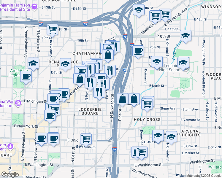 map of restaurants, bars, coffee shops, grocery stores, and more near 740 East North Street in Indianapolis