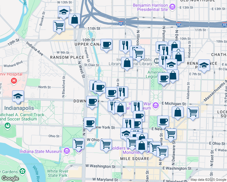 map of restaurants, bars, coffee shops, grocery stores, and more near 549 North Senate Avenue in Indianapolis