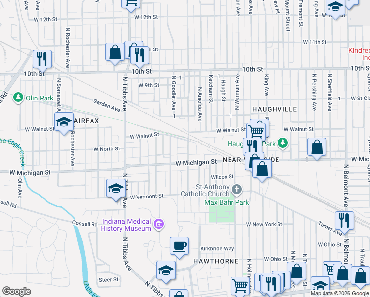 map of restaurants, bars, coffee shops, grocery stores, and more near 532 North Concord Street in Indianapolis
