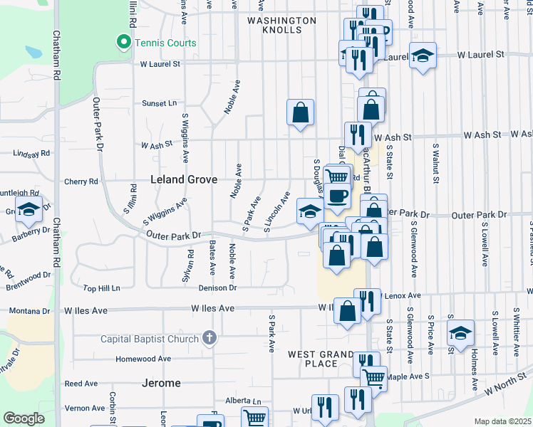 map of restaurants, bars, coffee shops, grocery stores, and more near 2101-2139 S Lincoln Ave in Springfield