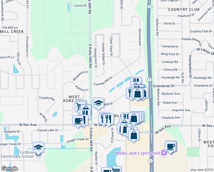 map of restaurants, bars, coffee shops, grocery stores, and more near 2100 Brook Mill Court in Springfield
