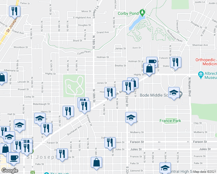 map of restaurants, bars, coffee shops, grocery stores, and more near 1018 North 19th Street in Saint Joseph