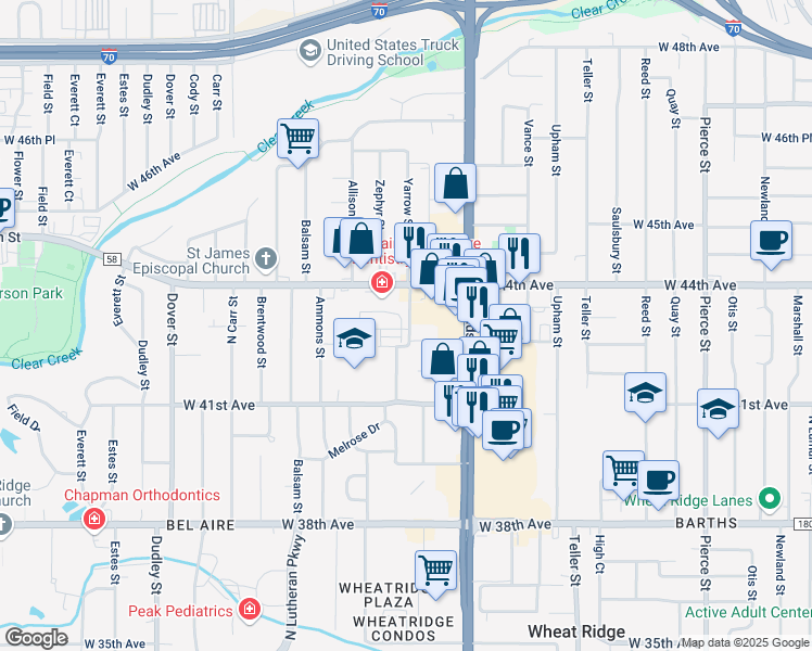 map of restaurants, bars, coffee shops, grocery stores, and more near 4265 Yarrow Street in Wheat Ridge