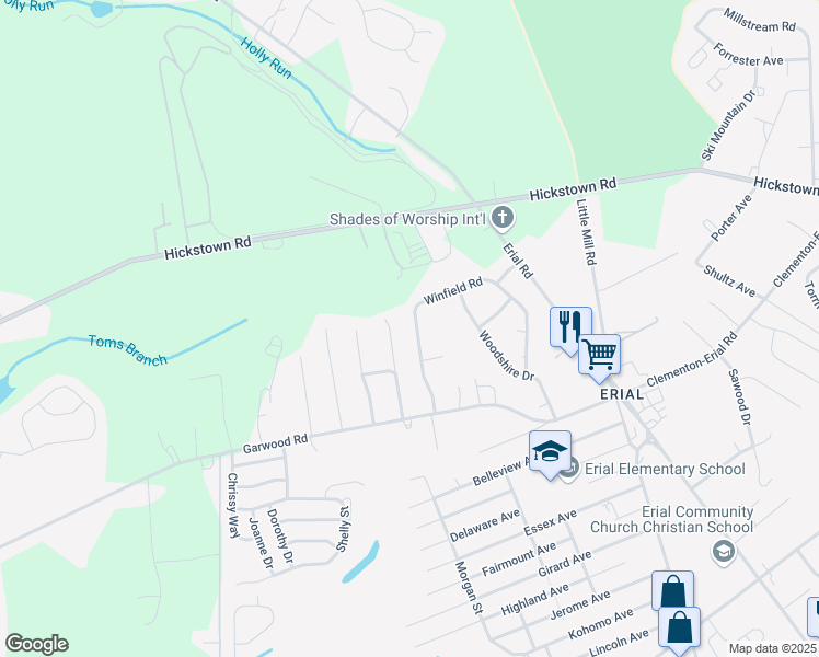 map of restaurants, bars, coffee shops, grocery stores, and more near 21 Winfield Road in Sicklerville