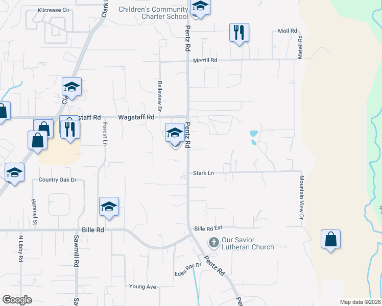map of restaurants, bars, coffee shops, grocery stores, and more near 1732 Whitaker Road in Paradise