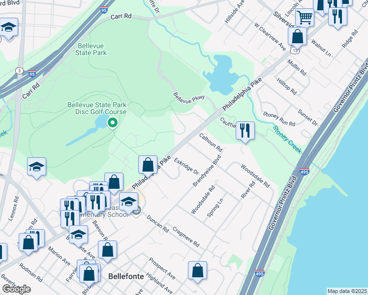 map of restaurants, bars, coffee shops, grocery stores, and more near 500 Bellevue Road in Wilmington