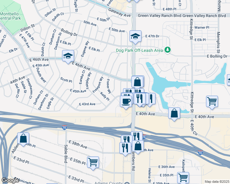 map of restaurants, bars, coffee shops, grocery stores, and more near 4574 Frankfort Way in Denver