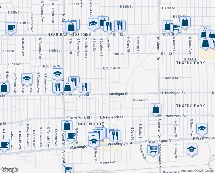 map of restaurants, bars, coffee shops, grocery stores, and more near 533 North Dearborn Street in Indianapolis