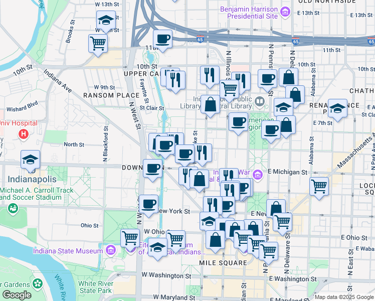 map of restaurants, bars, coffee shops, grocery stores, and more near 549 North Senate Avenue in Indianapolis