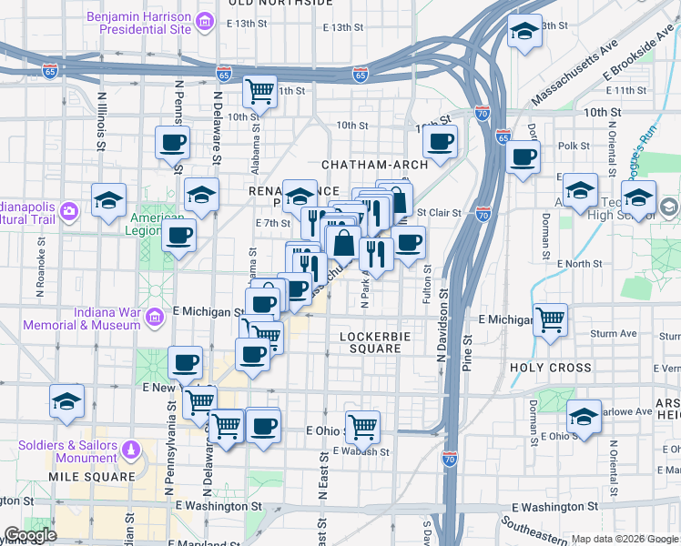 map of restaurants, bars, coffee shops, grocery stores, and more near 617 Massachusetts Avenue in Indianapolis