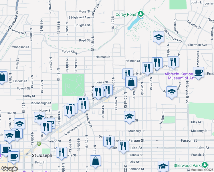 map of restaurants, bars, coffee shops, grocery stores, and more near 1017 North 19th Street in Saint Joseph