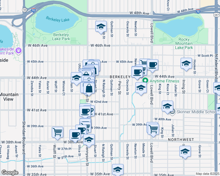 map of restaurants, bars, coffee shops, grocery stores, and more near 4301 Quitman Street in Denver