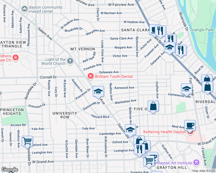 map of restaurants, bars, coffee shops, grocery stores, and more near 605 Kenwood Avenue in Dayton