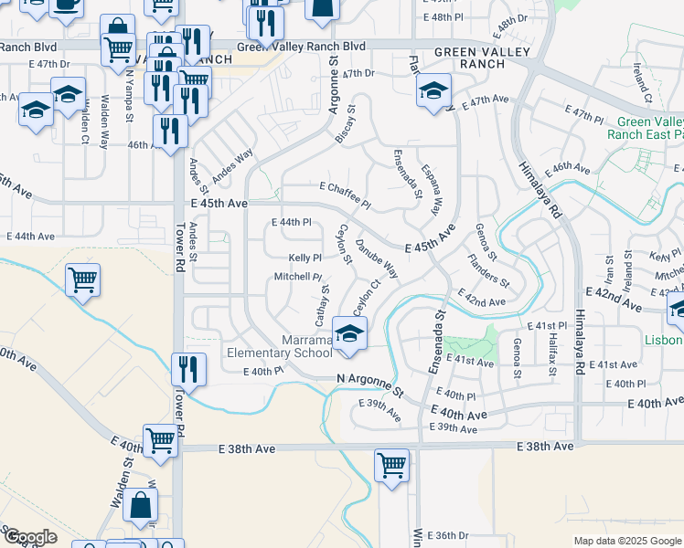 map of restaurants, bars, coffee shops, grocery stores, and more near 4336 Cathay St in Denver