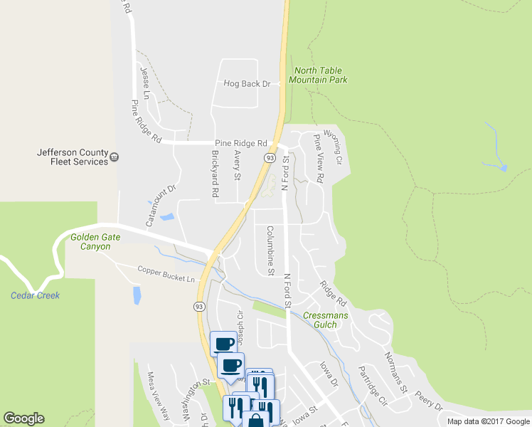 map of restaurants, bars, coffee shops, grocery stores, and more near 625 Virginia Street in Golden