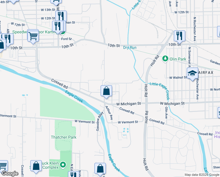 map of restaurants, bars, coffee shops, grocery stores, and more near 612 North Lyons Avenue in Indianapolis