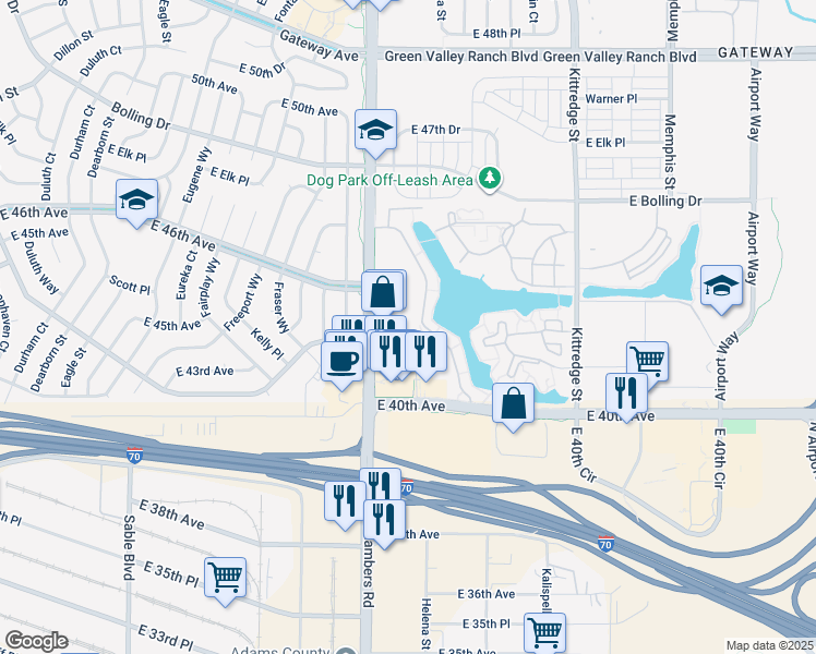 map of restaurants, bars, coffee shops, grocery stores, and more near 15435 Andrews Drive in Denver